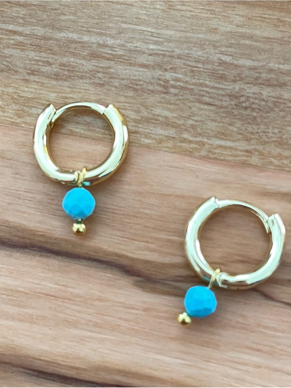 14K Gold Plated Hoop Earrings with Turquoise Bead Charm